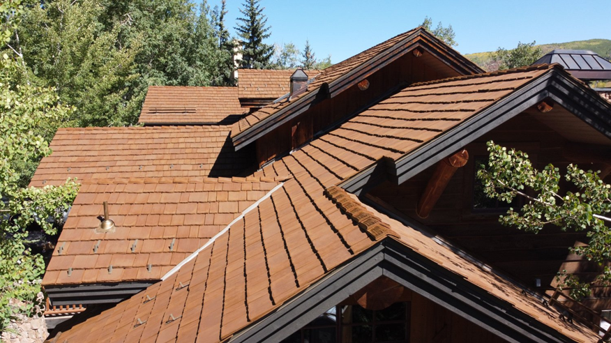 Brown composite roof on a house.