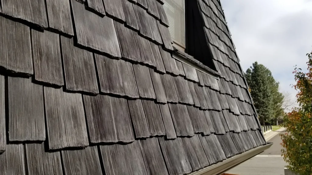 Close up view of synthetic cedar shakes