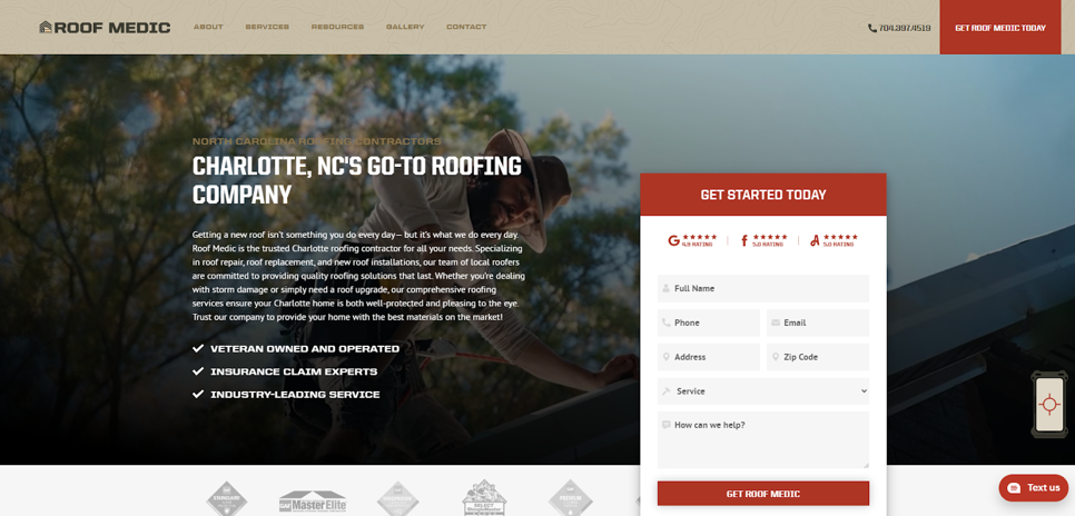 Roof Medic homepage screenshot. 