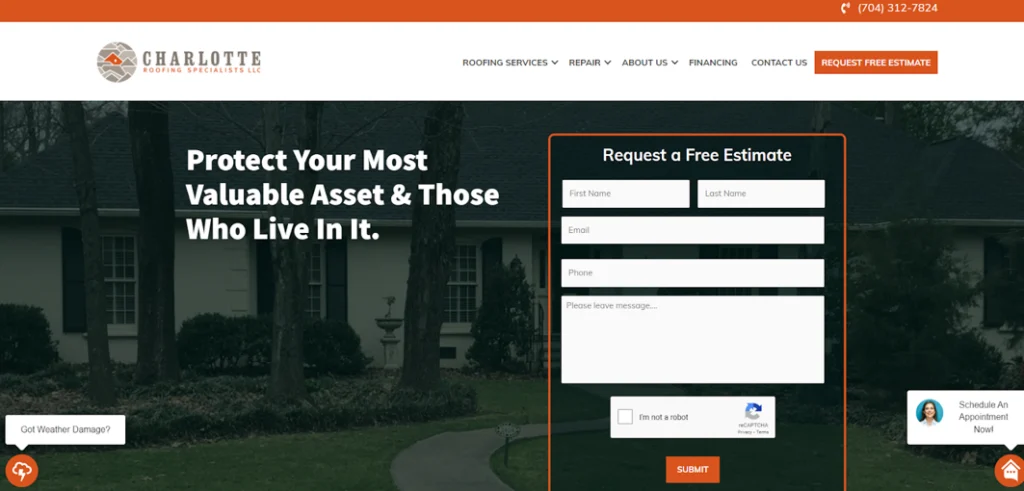 Charlotte Roofing Specialists homepage screenshot. 
