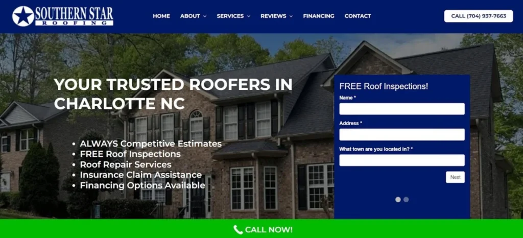 Southern Star Roofing Charlotte homepage screenshot. 