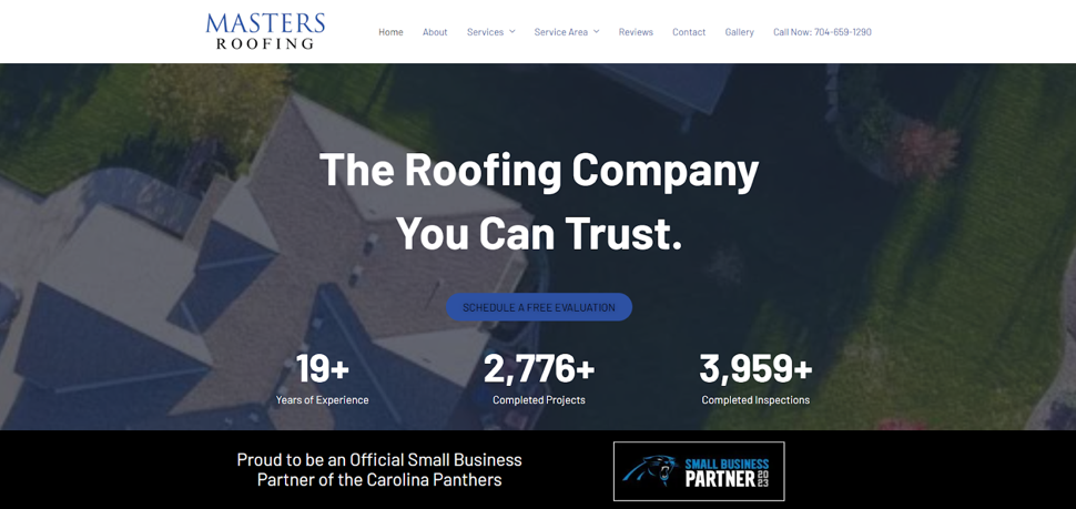 Masters Roofing homepage screenshot. 
