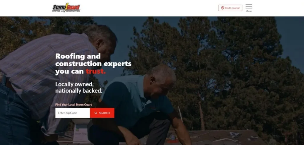 Storm Guard Roofing of West Charlotte homepage screenshot. 