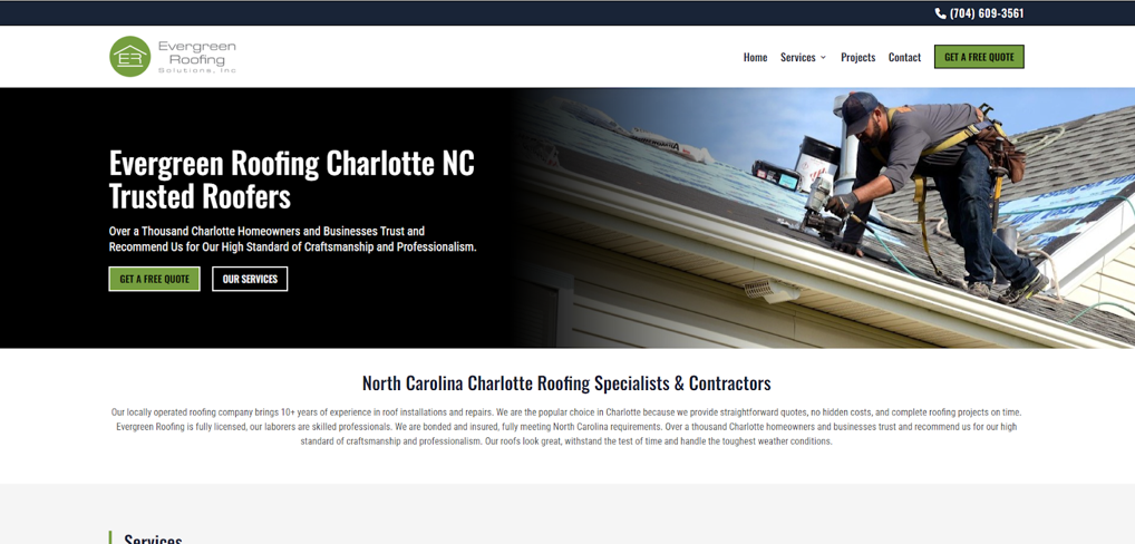 Evergreen Roofing Solutions homepage screenshot. 