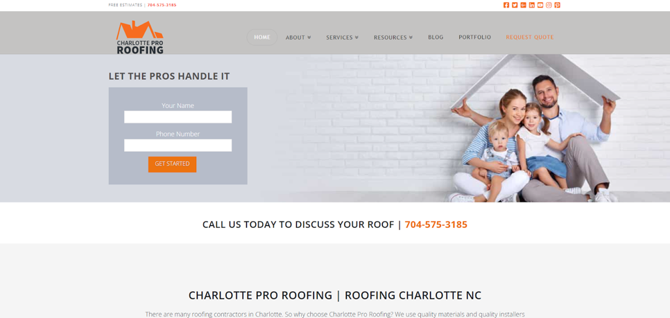 Charlotte Pro Roofing homepage screenshot. 