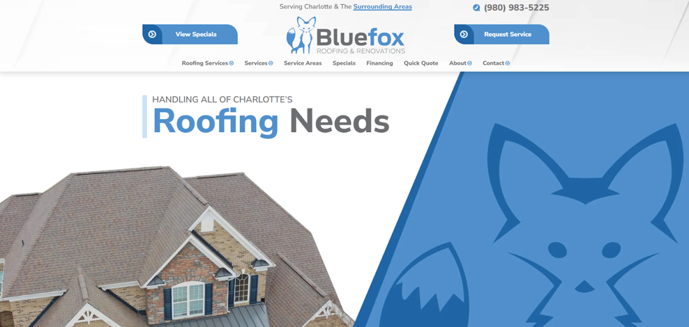 Blue Fox Roofing & Renovations homepage screenshot. 