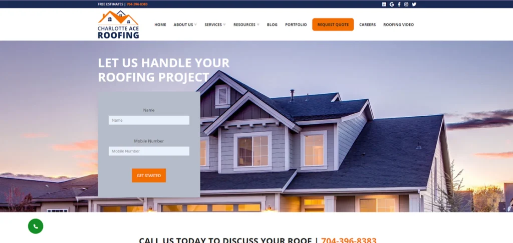 Charlotte Ace Roofing homepage screenshot. 