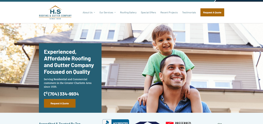 H & S Roofing & Gutter Company homepage screenshot. 