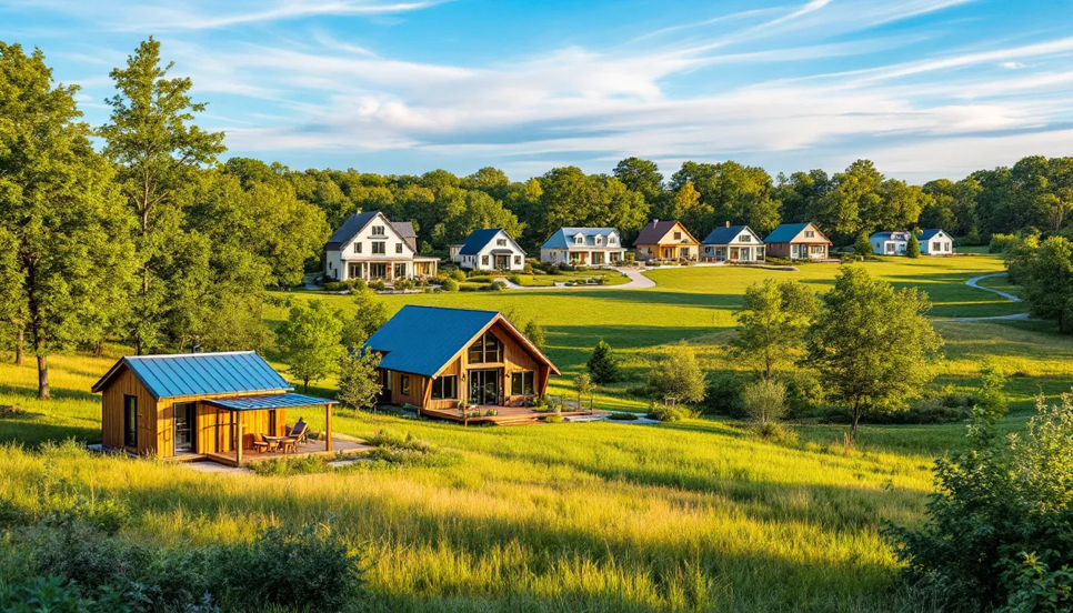 Homes with blue CeDUR synthetic roofs overlooking a green countryside landscape.