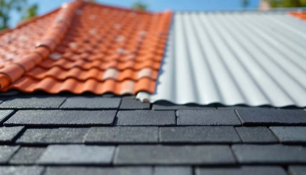 Close-up comparison of asphalt shingles, clay tile, and corrugated metal roofing materials.
