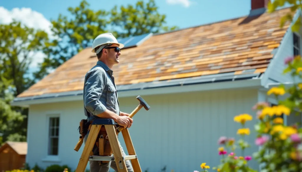 A roofer inspects the work done on an Ohio roof. 