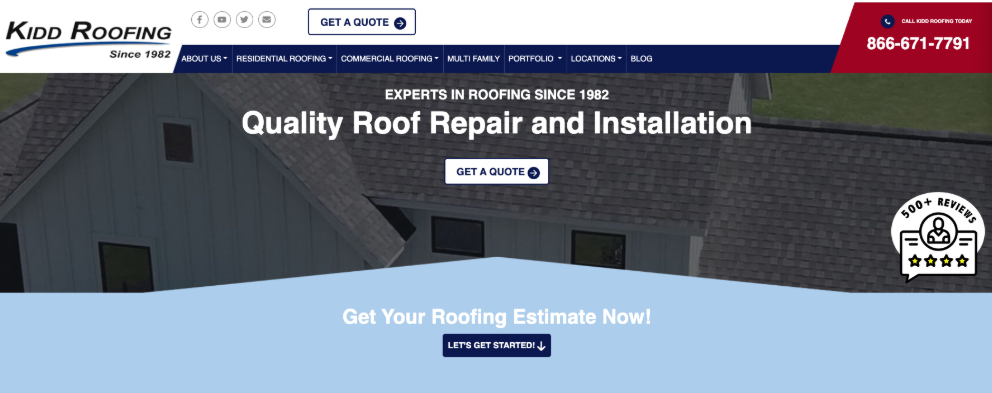 An image of Kidd Roofing’s homepage.