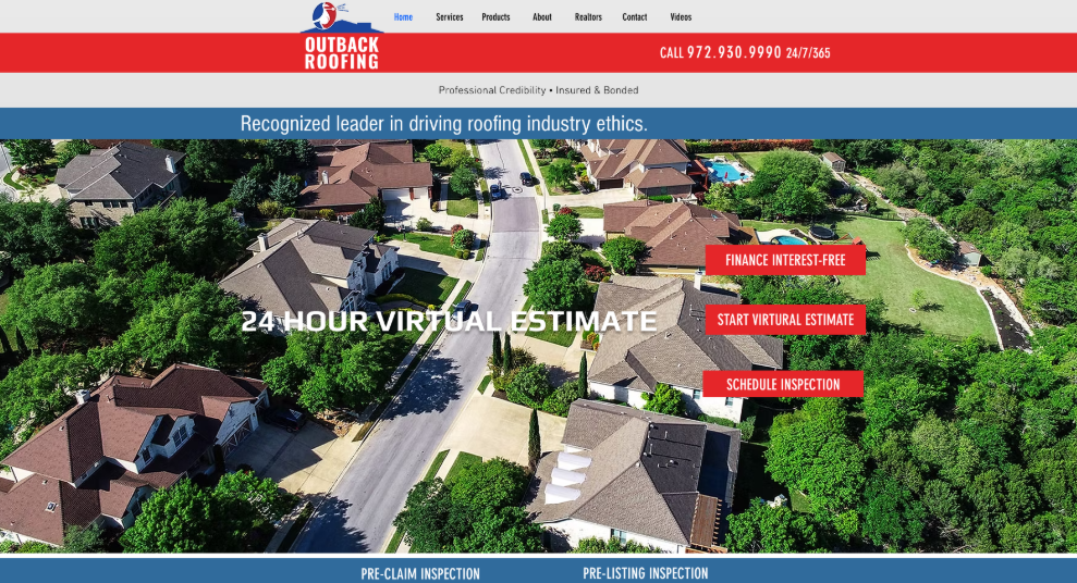 An image of Outback Roofing’s homepage.