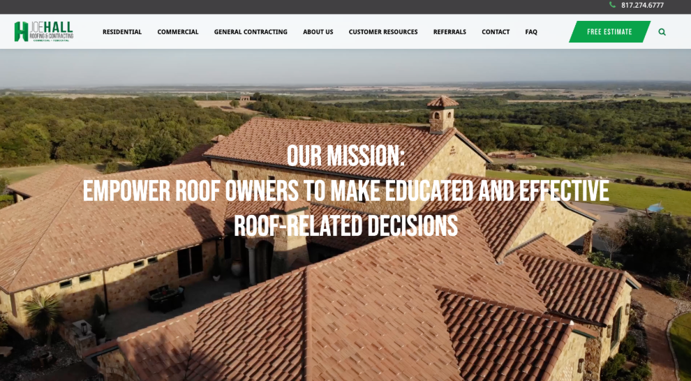 An image of Joe Hall Roofing’s homepage.