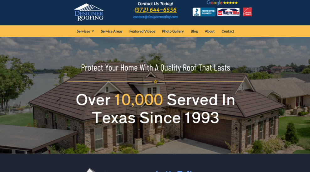 An image of Designer Roofing’s homepage.