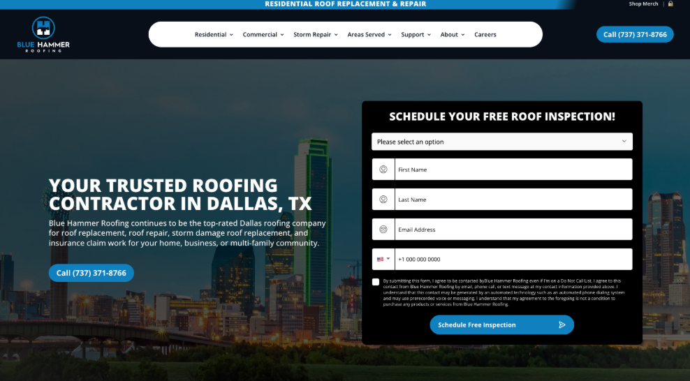 An image of Blue Hammer Roofing’s homepage.