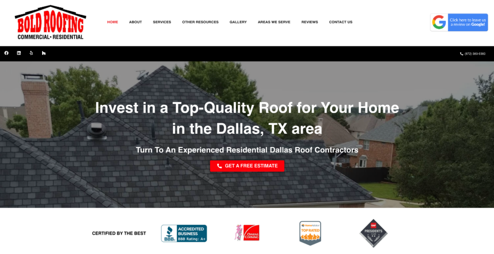 An image of Bold Roofing’s homepage.