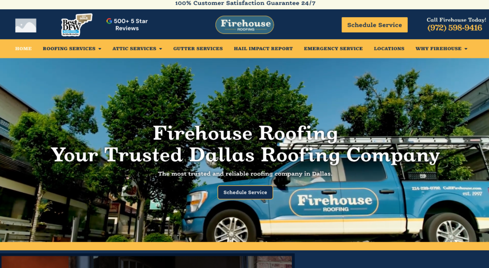 An image of Firehouse Roofing’s homepage.