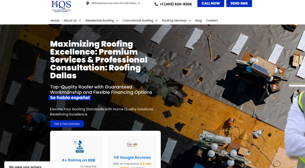 An image of Home Quality Solutions Roofing’s homepage.