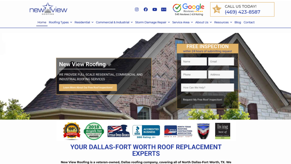 An image of New View Roofing’s homepage.
