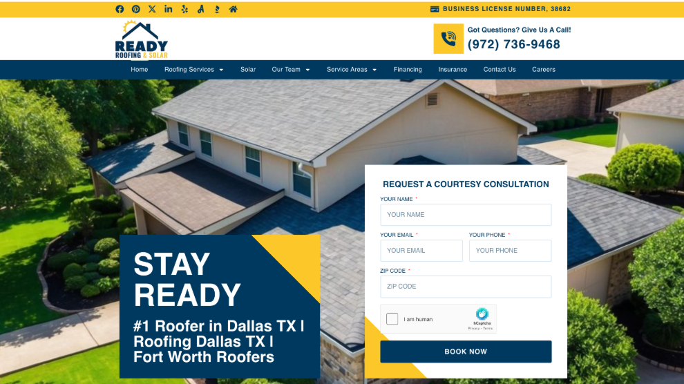 An image of Ready Roofing & Solar’s homepage.