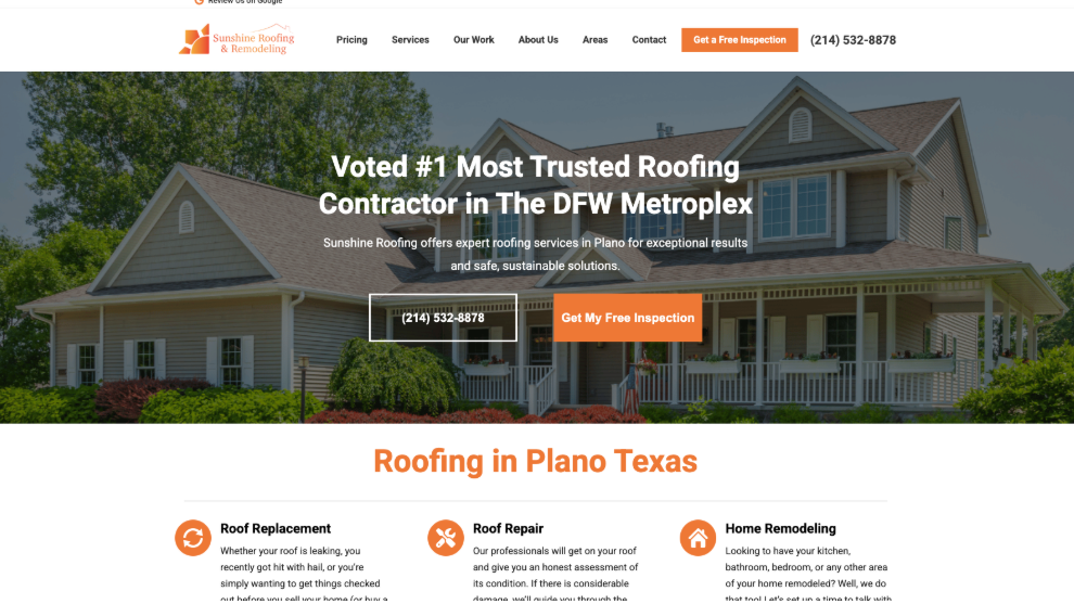 An image of Sunshine Roofing’s homepage.