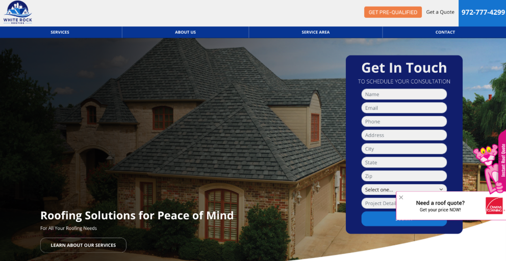 An image of White Rock Roofing’s homepage.