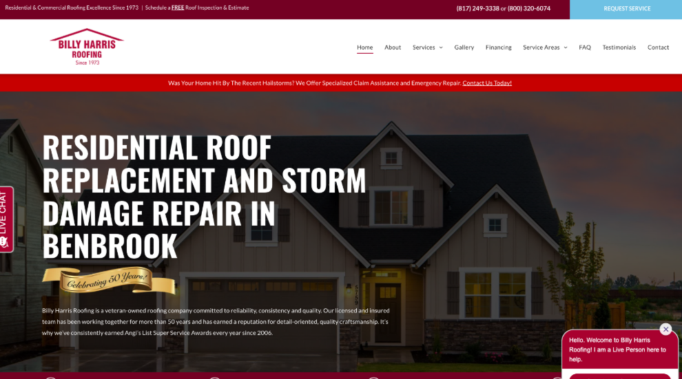 An image of Billy Harris Roofing’s homepage.