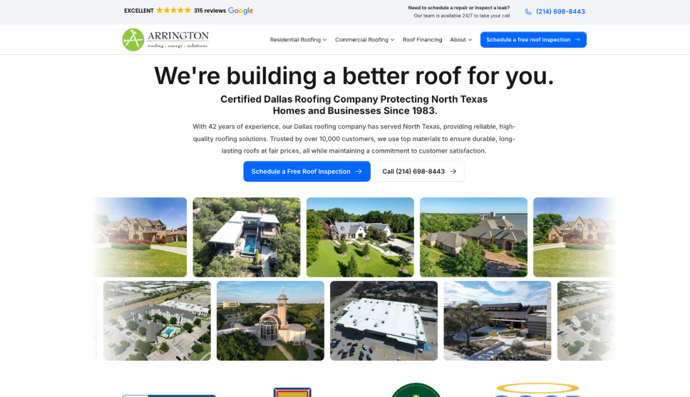 An image of Arrington Roofing’s homepage.