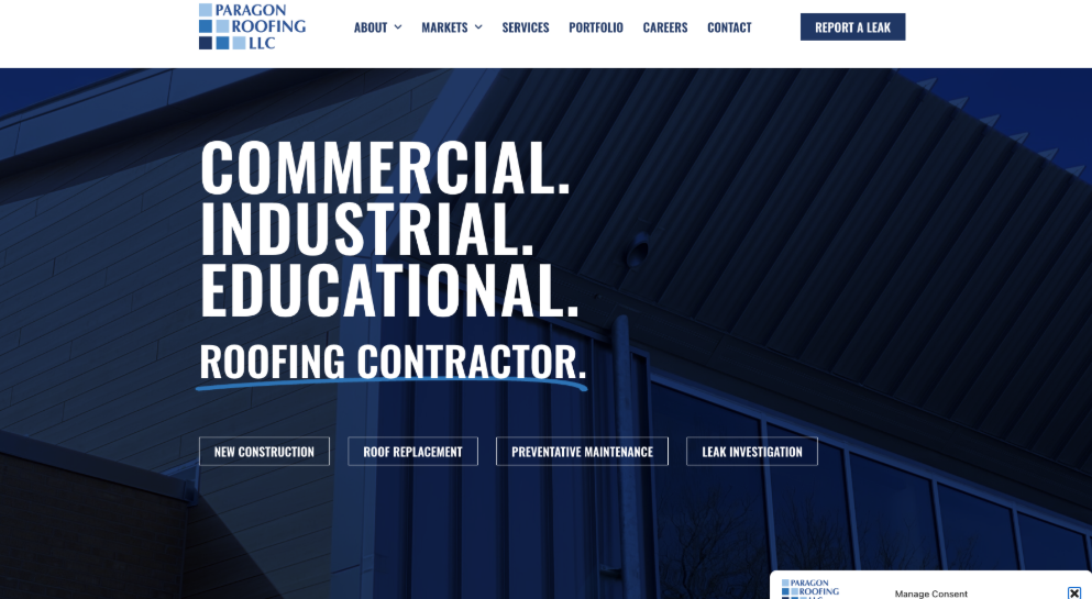 An image of Paragon Roofing’s homepage.