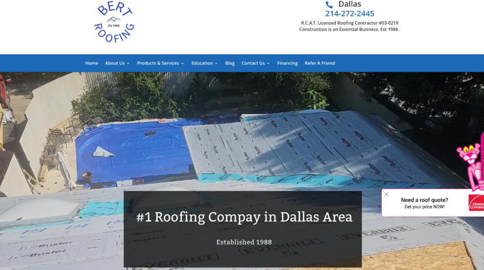 An image of Bert Roofing’s homepage.
