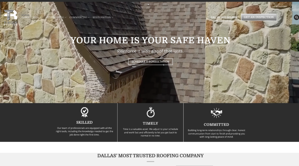 An image of T‑Rock Roofing & Contracting’s homepage.