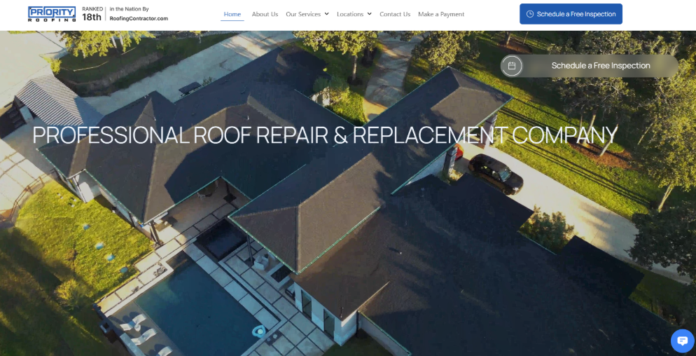 An image of Priority Roofing’s homepage.