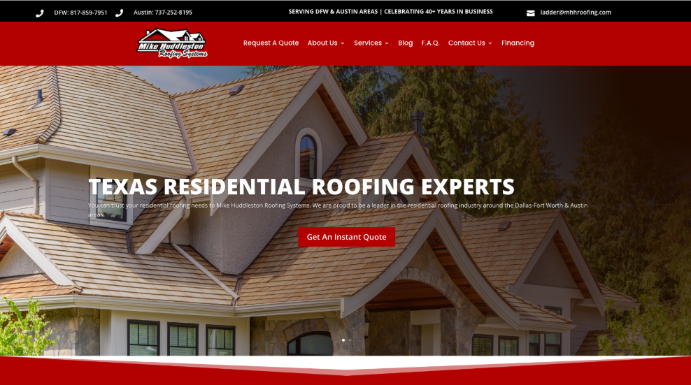 An image of Huddleston Roofing’s homepage.