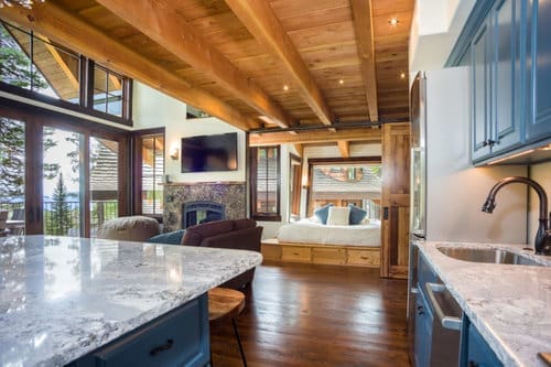 Kitchen and living room at the Snow Bear Chalets. 