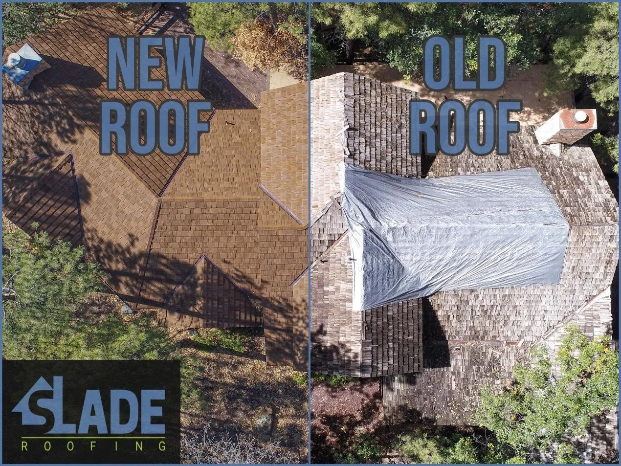 Side-by-side aerial view showing a CEDUR Live Oak roof installed by Slade Roofing compared to the old roof.
