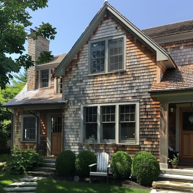Cedar shake siding that needs maintenance.