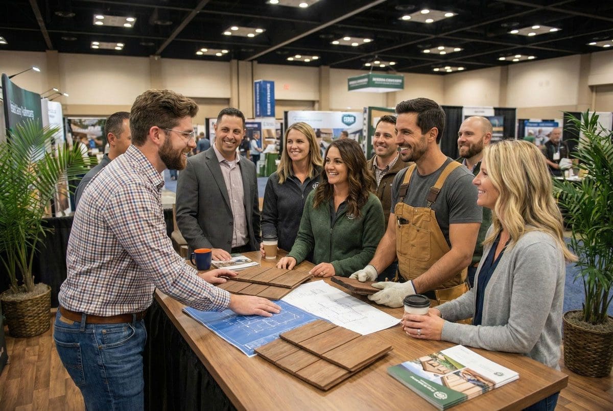 A lively scene at the CEDUR trade show booth where a representative engages with a group of attendees reviewing product samples and materials displayed on the counter, illustrating the sales enablement, marketing collateral, and partner support CEDUR provides to its distributor network.