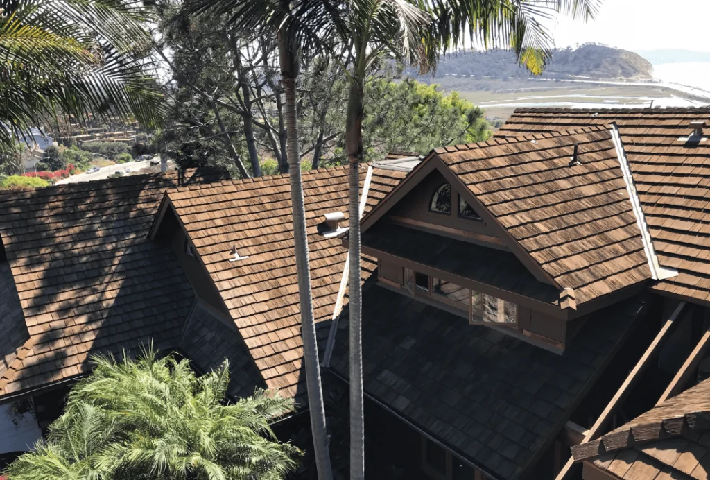 Synthetic cedar shake roof on a California home.