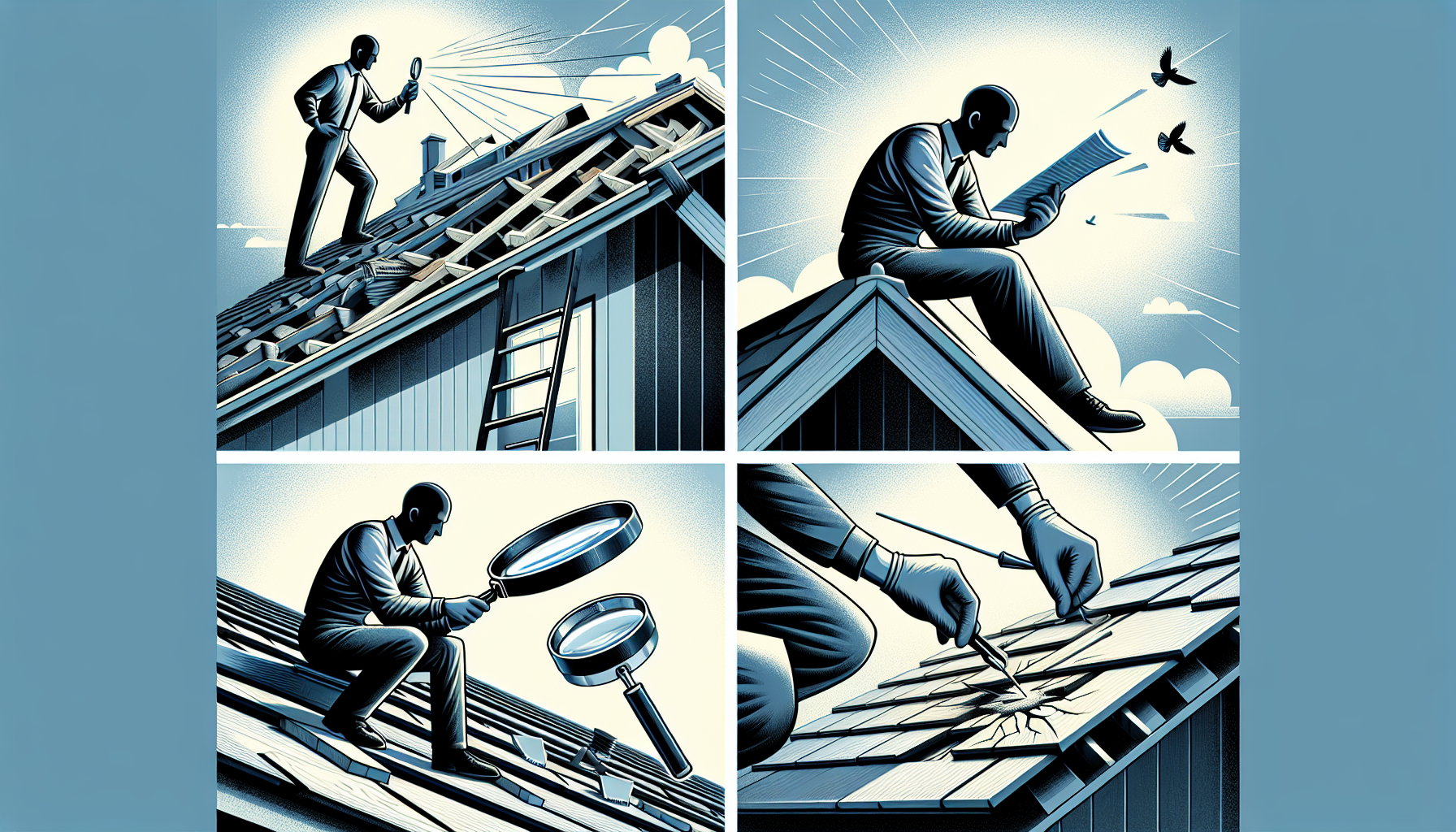 A graphic showing a man and different phases of roof maintenance.