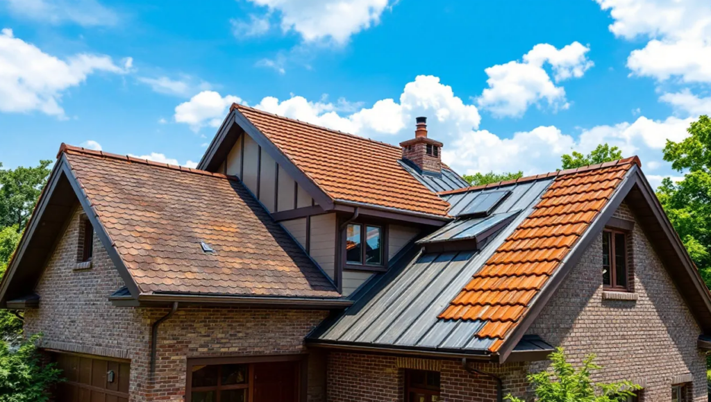 Residential home featuring a combination of tile and metal roofing.