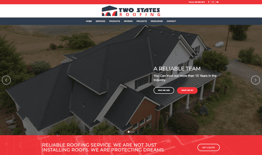 Two States Roofing homepage banner, highlighting roofing contractors in Portland.