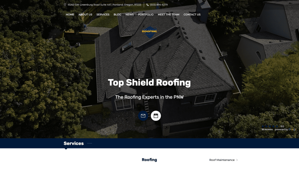 Top Shield Roofing homepage banner, highlighting roofing contractors in Portland.