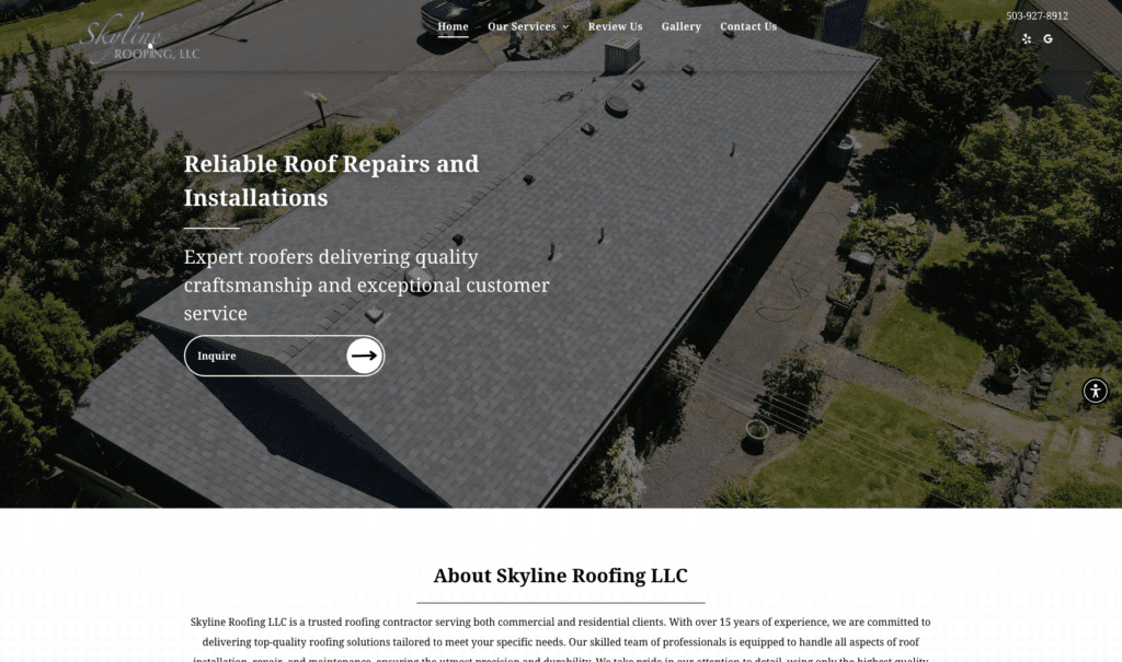 Skyline Roofing LLC homepage banner, highlighting roofing contractors in Portland.