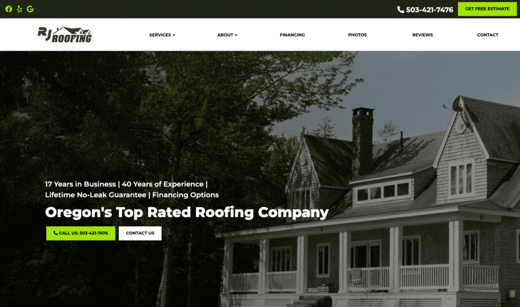 RJ Roofing homepage banner, highlighting roofing contractors in Portland.