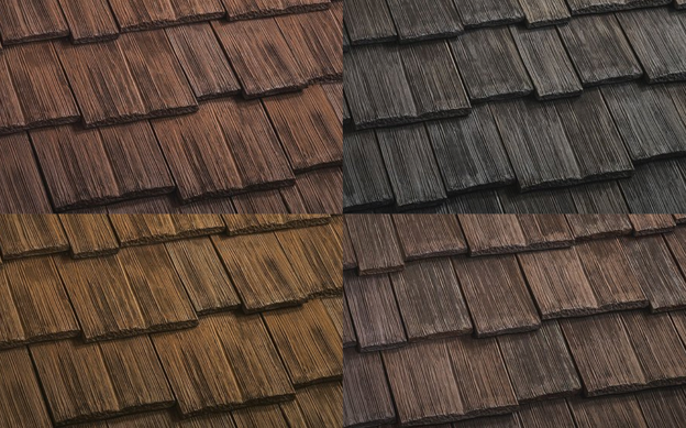 Four color options of CeDUR composite shingles shown in close-up views.