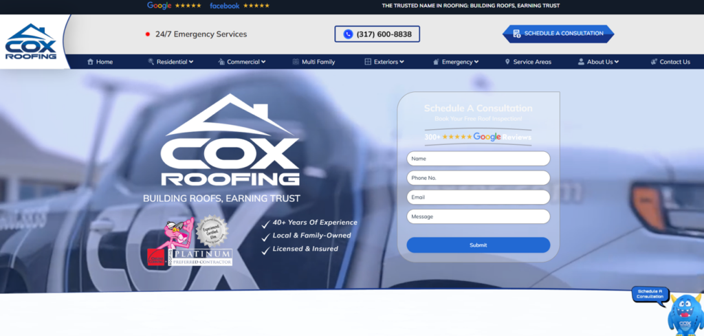 Screenshot of the home website page of Cox Roofing in Indiana.