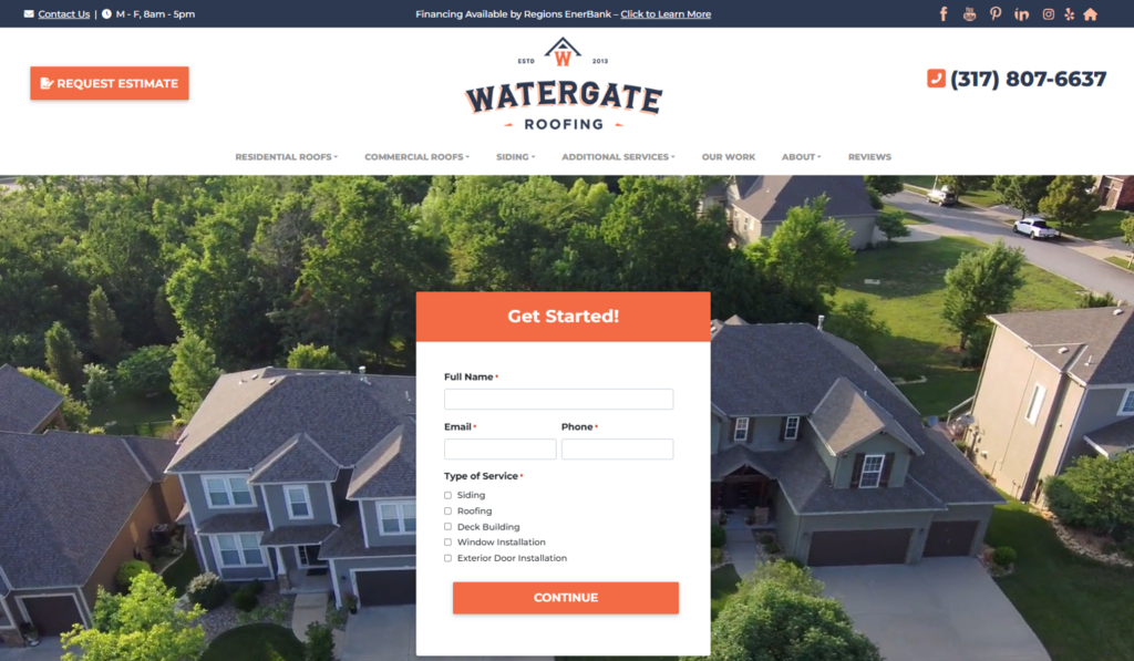 The home website page of Watergate Roofing in Indiana.