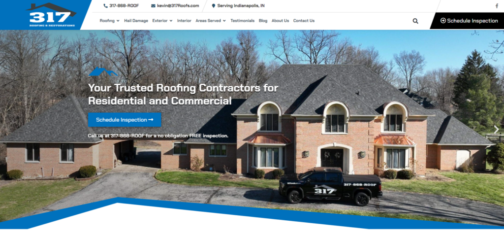 Screenshot of the home website page of Indy Roof & Restoration in Indiana.