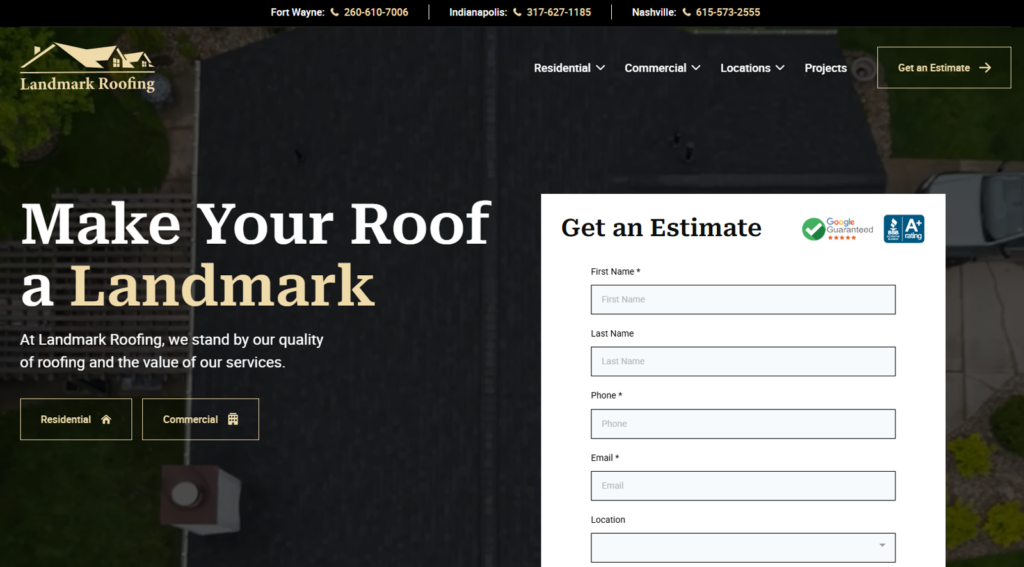 This is a screenshot of the home page of Landmark Roofing.
